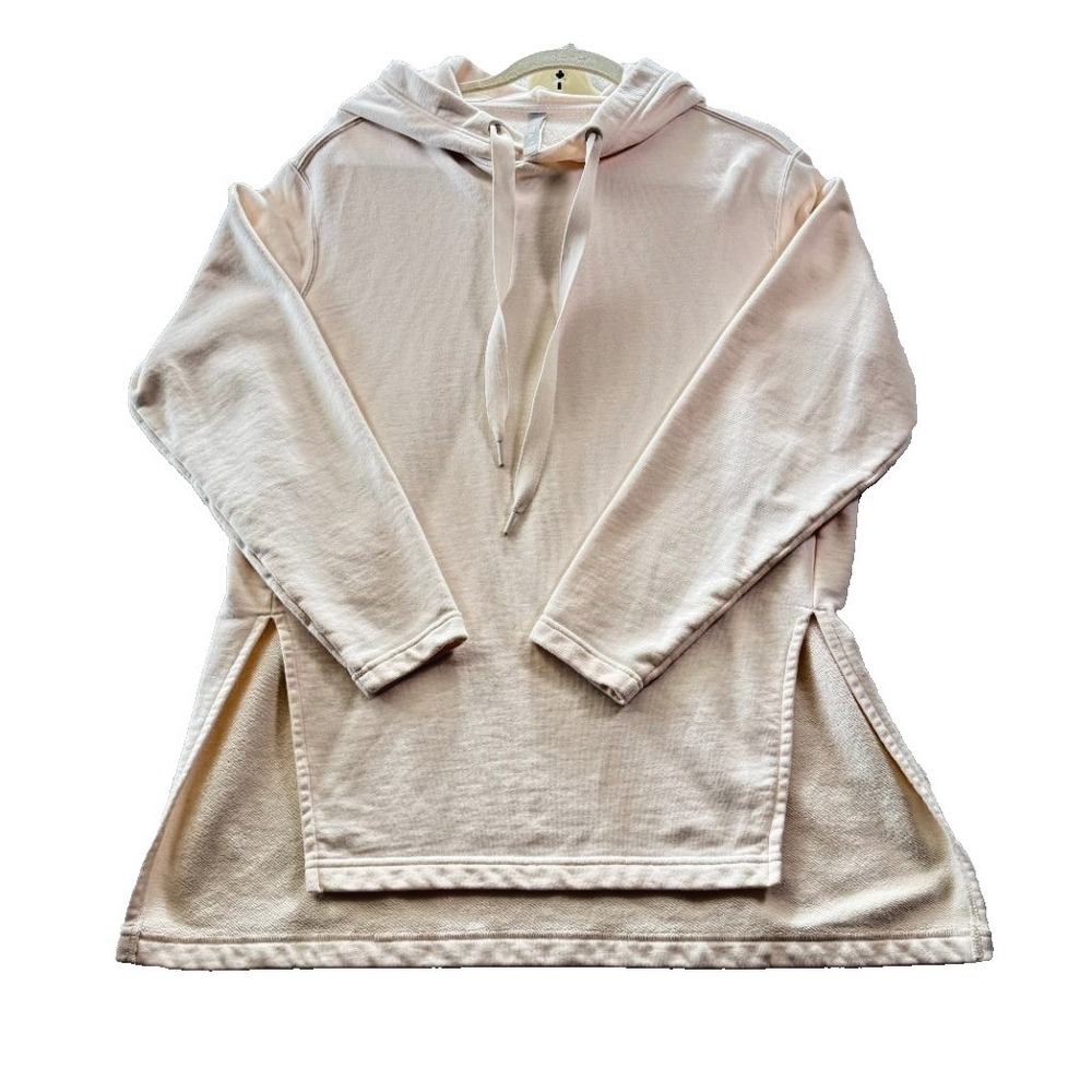 Athleta XS Cream Hooded Sweatshirt Tunic Pullover Split Hem 100% Cotton - Picture 1 of 9